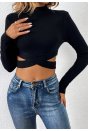 Kadın Siyah Çapraz Bel Detaylı Dik Yaka Uzun Kol Crop Top Bluz