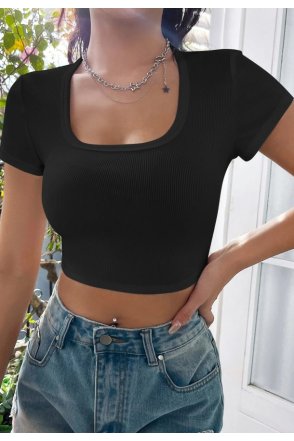 Kadın Siyah Yarım Kol Düz Yaka Crop Top Bluz