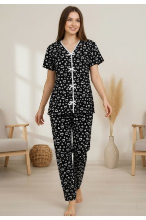 Kadın Siyah Kalp Desenli Fiyonklu Kısa Kollu Uzun Pijama Takımı