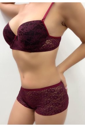 Kadın Bordo Push-Up Şortlu Dantelli Sütyen Takımı