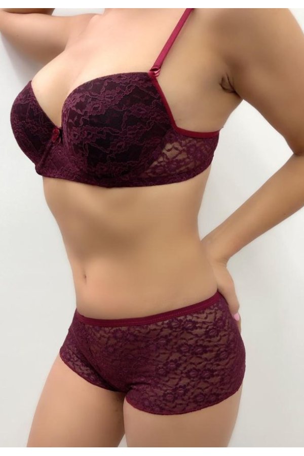 Kadın Bordo Push-Up Şortlu Dantelli Sütyen Takımı