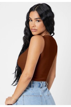 Kadın Kahverengi Kare Yaka Crop Top Bluz