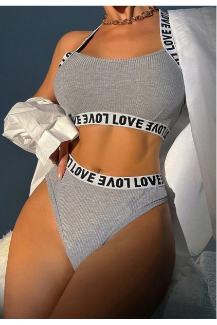 Kadın Gri Çapraz Sırt Ve Love Yazı Detaylı Iç Çamaşır Takımı