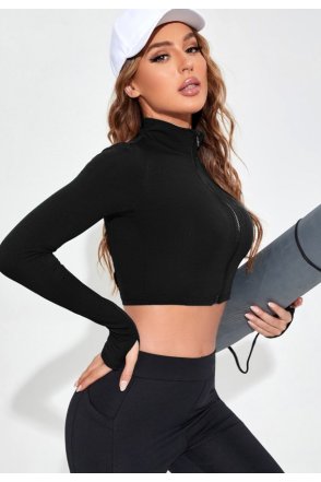 Kadın Siyah Uzun Kol Fermuarlı Parmak Geçme Detaylı Dik Yaka Crop Top Bluz