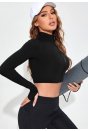 Kadın Siyah Uzun Kol Fermuarlı Parmak Geçme Detaylı Dik Yaka Crop Top Bluz