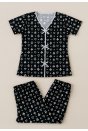 Kadın Siyah Beyaz Kalp Desenli Fiyonklu Kısa Kollu Pijama Takımı