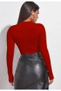 Kadın Kırmızı Göğüs Dekolteli Uzun Kollu Cut Out Crop Top Bluz