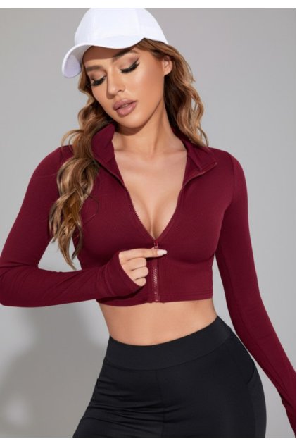Kadın Bordo Uzun Kol Fermuarlı Parmak Geçme Detaylı Dik Yaka Crop Top Bluz