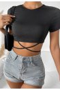 Kadın Siyah Yarım Kol Çapraz Bağlamalı Crop Top Bluz
