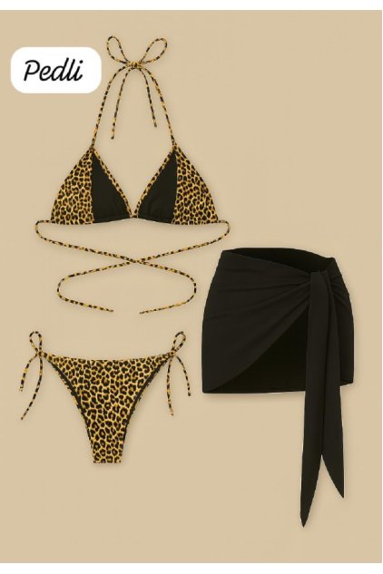 Kadın Siyah ve Leopar Desenli Pareolu 3'lü Bikini Takımı