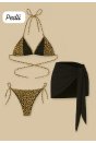 Kadın Siyah ve Leopar Desenli Pareolu 3'lü Bikini Takımı