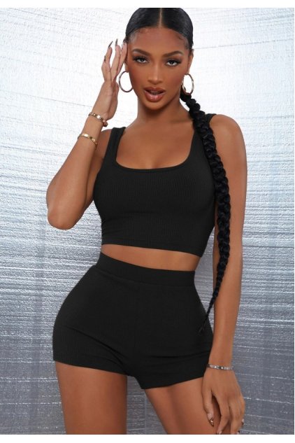 Kadın Siyah Şortlu Crop Top Gecelik Takım