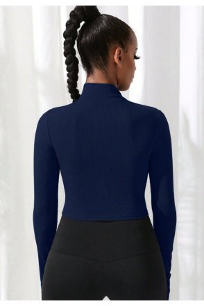Kadın Lacivert Uzun Kol Fermuarlı Parmak Geçme Detaylı Dik Yaka Crop Top Bluz
