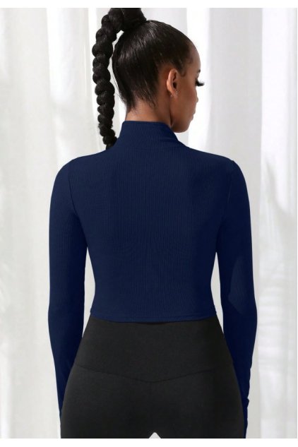 Kadın Lacivert Uzun Kol Fermuarlı Parmak Geçme Detaylı Dik Yaka Crop Top Bluz