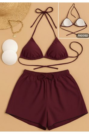 Kadın 3'lü Set Bordo Şortlu ve Yandan Bağlamalı Bikini Mayo Takımı