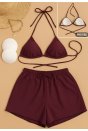 Kadın 3'lü Set Bordo Şortlu ve Yandan Bağlamalı Bikini Mayo Takımı