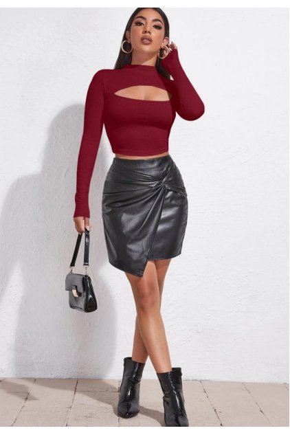 Kadın Bordo Göğüs Dekolteli Uzun Kollu Cut Out Crop Top Bluz