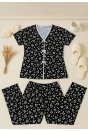 Kadın Siyah Beyaz Kalp Desenli Fiyonklu Kısa Kollu Pijama Takımı