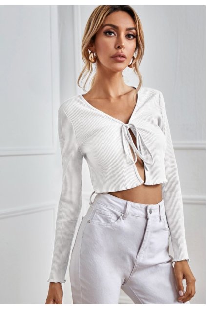 Kadın Beyaz Uzun Kollu Önden Bağlama Detaylı Crop Top Bluz