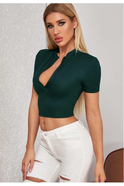 Kadın Yeşil Yarım Fermuarlı ve Kısa Kollu Crop Top Bluz