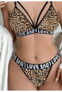 Kadın Leopar Desenli Love Yazı Detaylı Harness İç Çamaşır Takımı