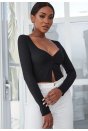 Kadın Siyah Uzun Kollu Düğmeli Göğüs ve Göbek Dekolteli Crop Top Bluz