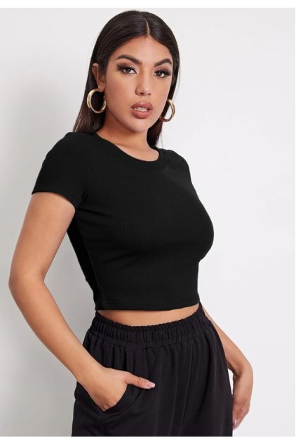 Kadın Siyah Yuvarlak Yaka Yarım Kol Crop Top Bluz