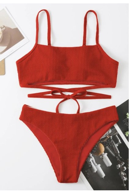 Kadın Kırmızı Çapraz Bağlama Detaylı Yüksek Bel Bikini Takımı