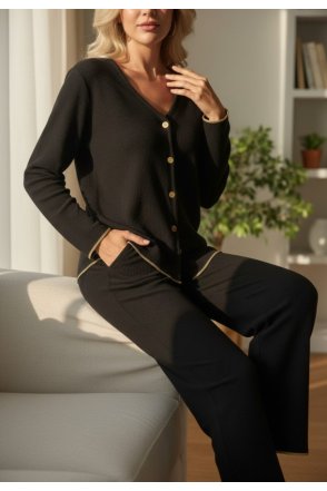 Premium Kadın Fitilli Pijama Takımı – Siyah Gold Biye Detaylı, Yumuşak Dokulu Ev Şıklığı
