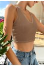 Kadın Kahverengi Racer Sırt Crop Top Bluz