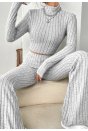 Kadın Gri Çizgili Boğazlı Crop Top ve Yüksek Bel Pantolon Takım