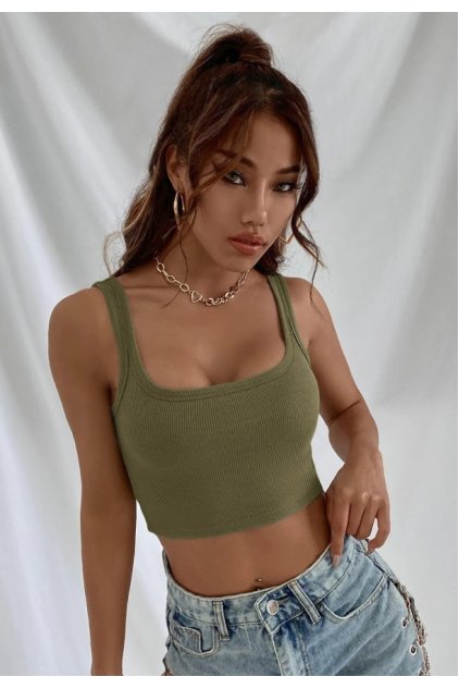 Kadın Haki Yeşili Kalın Askılı Crop Top Büstiyer