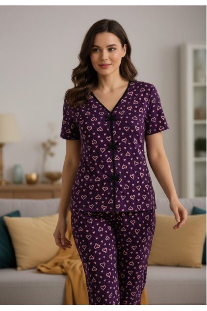 Kadın Mor Kalp Desenli Fiyonklu Kısa Kollu Uzun Pijama Takımı