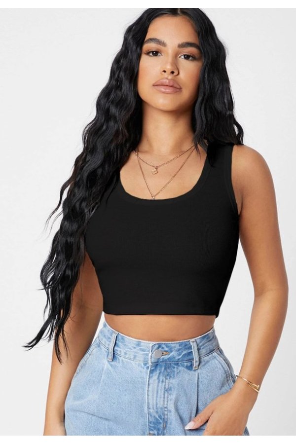 Kadın Siyah Kare Yaka Crop Top Bluz