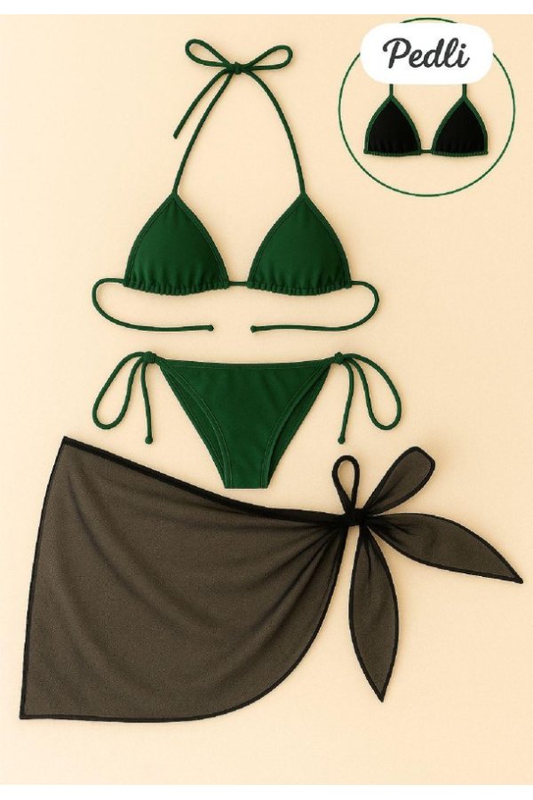 Kadın Yeşil Siyah Pareolu Yandan ve Boyundan Bağlamalı 3'lü Bikini Takımı