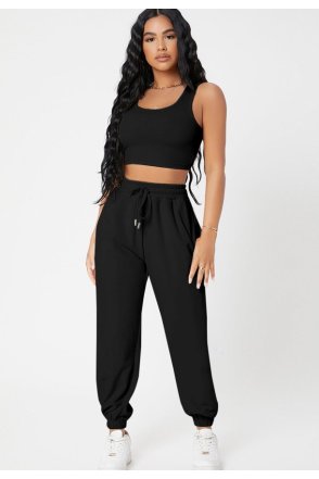 Kadın Siyah Kaşkorse Cepli Jogger Eşofman Altı ve Crop Top Bluz