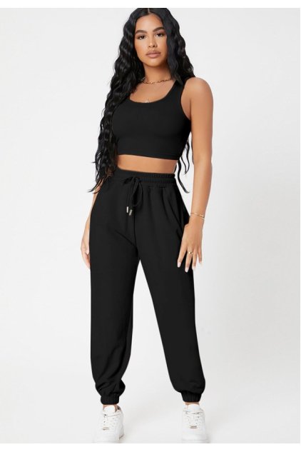Kadın Siyah Kaşkorse Cepli Jogger Eşofman Altı ve Crop Top Bluz