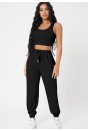 Kadın Siyah Kaşkorse Cepli Jogger Eşofman Altı ve Crop Top Bluz