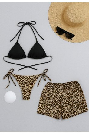 Kadın 3'lü Set Siyah ve Leopar Desenli Şortlu Yandan Bağlamalı Bikini Mayo Takımı