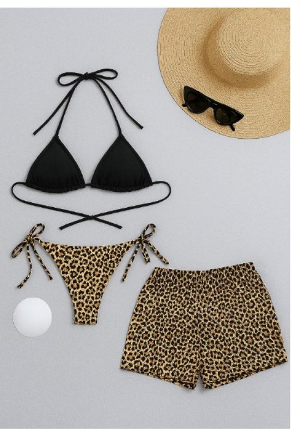 Kadın 3'lü Set Siyah ve Leopar Desenli Şortlu Yandan Bağlamalı Bikini Mayo Takımı