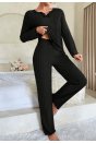 Kadın Siyah Uzun Kollu Fiyonklu Yuvarlak Yaka Mevsimlik Pijama Takımı