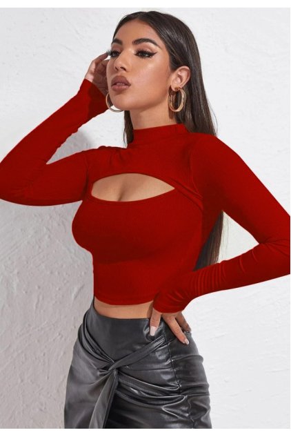 Kadın Kırmızı Göğüs Dekolteli Uzun Kollu Cut Out Crop Top Bluz