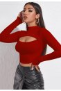 Kadın Kırmızı Göğüs Dekolteli Uzun Kollu Cut Out Crop Top Bluz