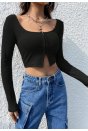 Kadın Siyah Uzun Kollu Agraflı Göğüs ve Göbek Dekolteli Crop Top Bluz
