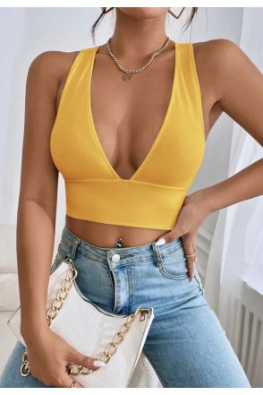 Kadın Sarı Çapraz Sırt Detaylı Şık Crop Top Büstiyer