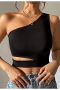 Kadın Siyah Tek Kol Cut Out Göbek Dekolteli Crop Top Bluz