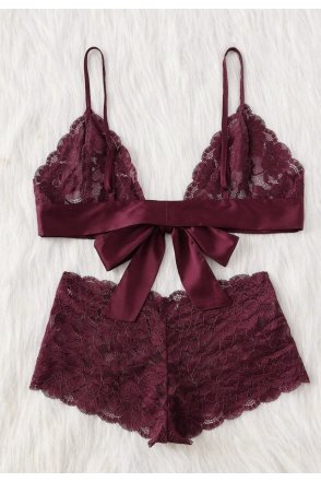Kadın Bordo Dantelli & Kurdelalı Sütyen Külot Takımı