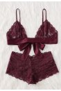 Kadın Bordo Dantelli & Kurdelalı Sütyen Külot Takımı