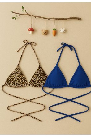Kadın Leopar Desenli ve Mavi Minimal Kesim Üçgen Bikini Üstü