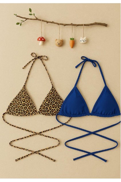 Kadın Leopar Desenli ve Mavi Minimal Kesim Üçgen Bikini Üstü